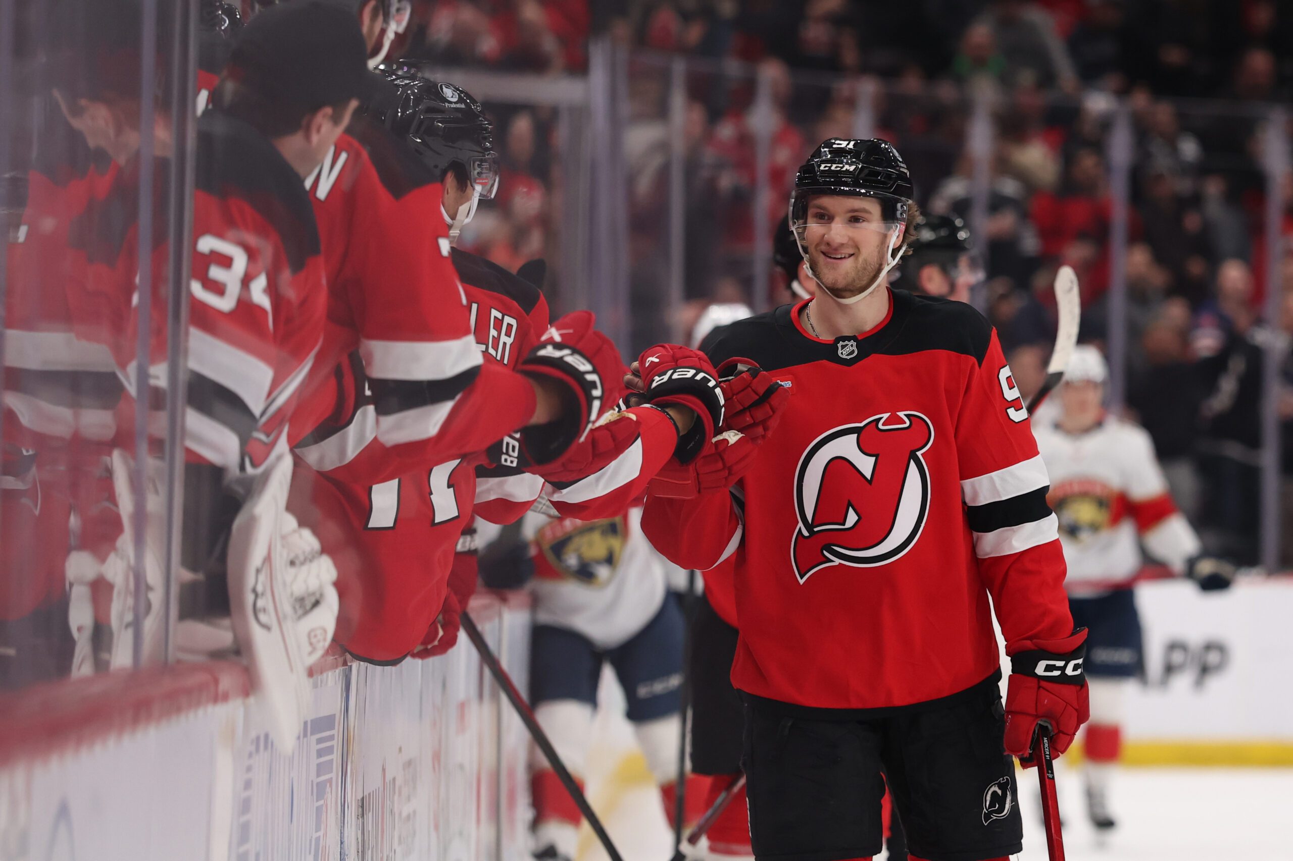 Mar 3, 2026; Newark, New Jersey, USA; New Jersey Devils center Dawson Mercer (91) celebrates a goal against the Florida Panthers during the third period at Prudential Center. Mandatory Credit: Ed Mulholland-Imagn Images