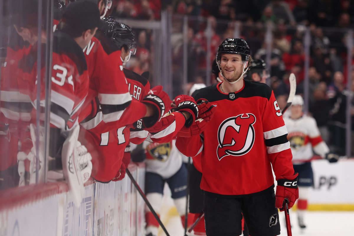 Mar 3, 2026; Newark, New Jersey, USA; New Jersey Devils center Dawson Mercer (91) celebrates a goal against the Florida Panthers during the third period at Prudential Center. Mandatory Credit: Ed Mulholland-Imagn Images