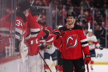 Mar 3, 2026; Newark, New Jersey, USA; New Jersey Devils center Dawson Mercer (91) celebrates a goal against the Florida Panthers during the third period at Prudential Center. Mandatory Credit: Ed Mulholland-Imagn Images