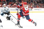 Mar 3, 2026; Washington, District of Columbia, USA; Washington Capitals defenseman Jakob Chychrun (6) shoots the puck against the Utah Mammoth during the third period at Capital One Arena. Mandatory Credit: Amber Searls-Imagn Images