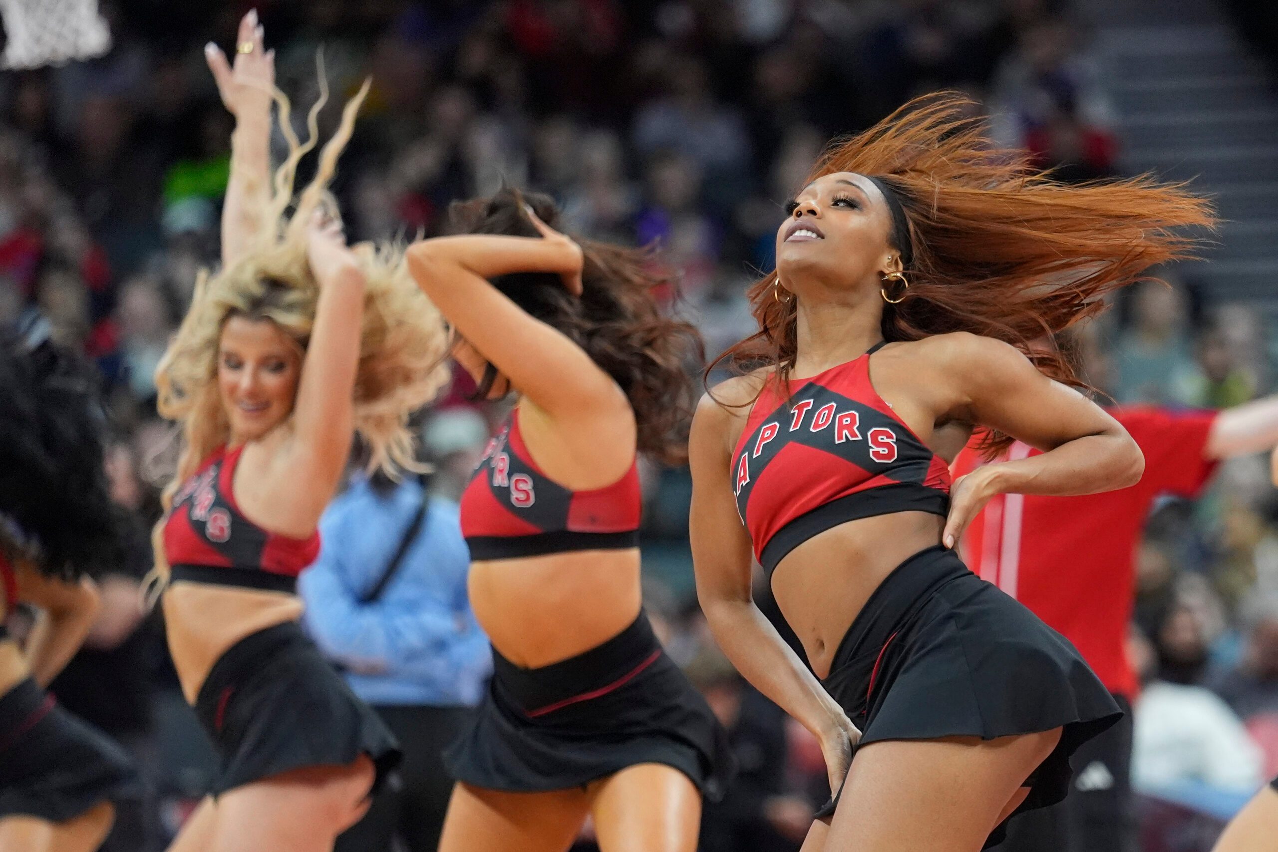 Mar 3, 2026; Toronto, Ontario, CAN; The Toronto Raptors dance team performs during a break in the action against the New York Knicks during the second half at Scotiabank Arena. Mandatory Credit: John E. Sokolowski-Imagn Images