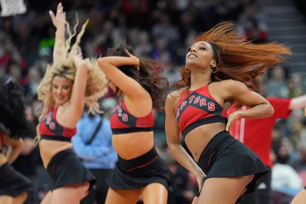 Mar 3, 2026; Toronto, Ontario, CAN; The Toronto Raptors dance team performs during a break in the action against the New York Knicks during the second half at Scotiabank Arena. Mandatory Credit: John E. Sokolowski-Imagn Images