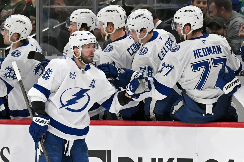 Mar 3, 2026; Saint Paul, Minnesota, USA; Tampa Bay Lightning forward Nikita Kucherov (86) celebrates a goal against the Minnesota Wild during the second period at Grand Casino Arena. Mandatory Credit: Nick Wosika-Imagn Images