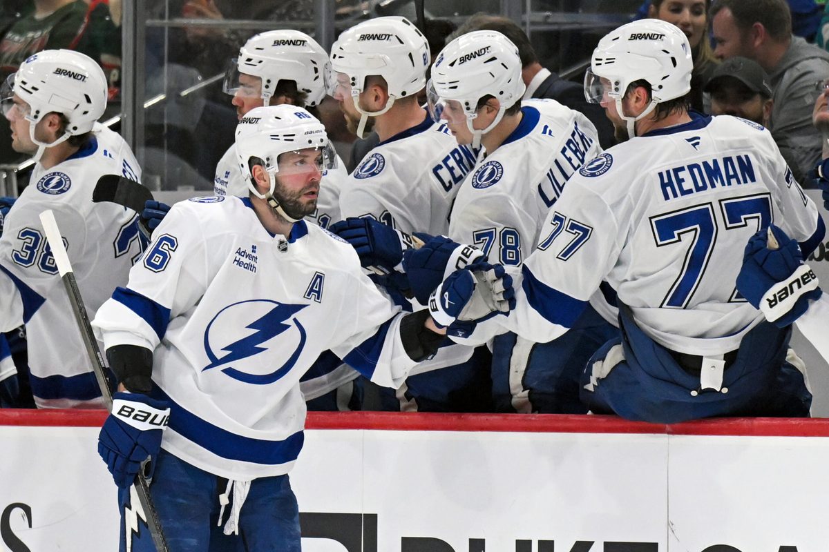 Mar 3, 2026; Saint Paul, Minnesota, USA; Tampa Bay Lightning forward Nikita Kucherov (86) celebrates a goal against the Minnesota Wild during the second period at Grand Casino Arena. Mandatory Credit: Nick Wosika-Imagn Images