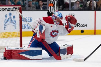 Mar 3, 2026; San Jose, California, USA;  Montreal Canadiens goaltender Jakub Dobes (75) defends the goal during the second period against the San Jose Sharks at SAP Center at San Jose. Mandatory Credit: Stan Szeto-Imagn Images