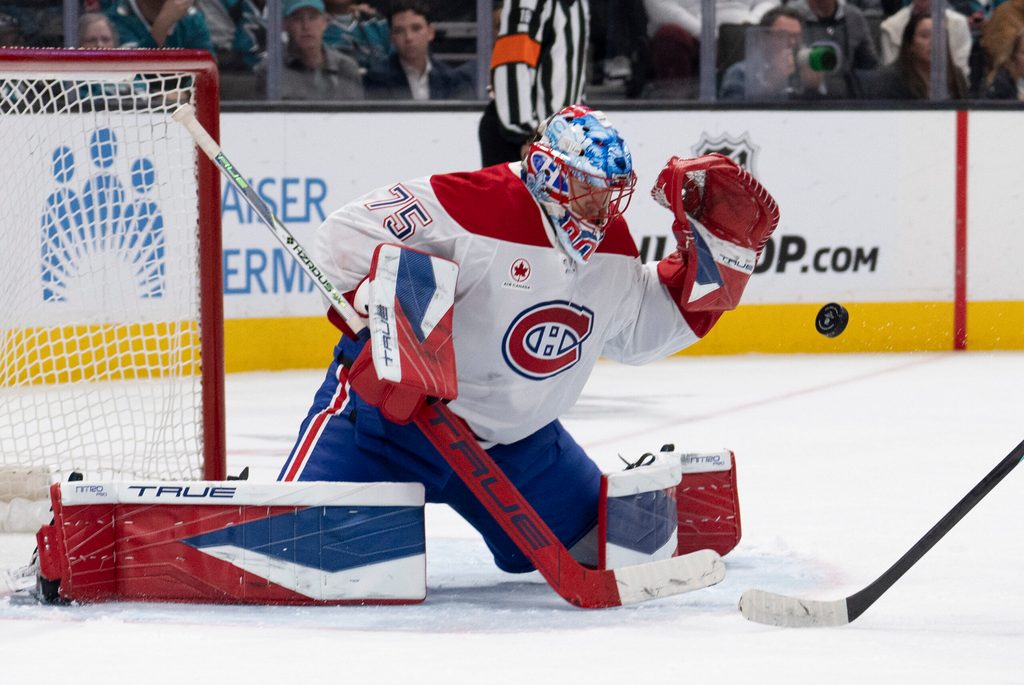 Mar 3, 2026; San Jose, California, USA; Montreal Canadiens goaltender Jakub Dobes (75) defends the goal during the second period against the San Jose Sharks at SAP Center at San Jose. Mandatory Credit: Stan Szeto-Imagn Images