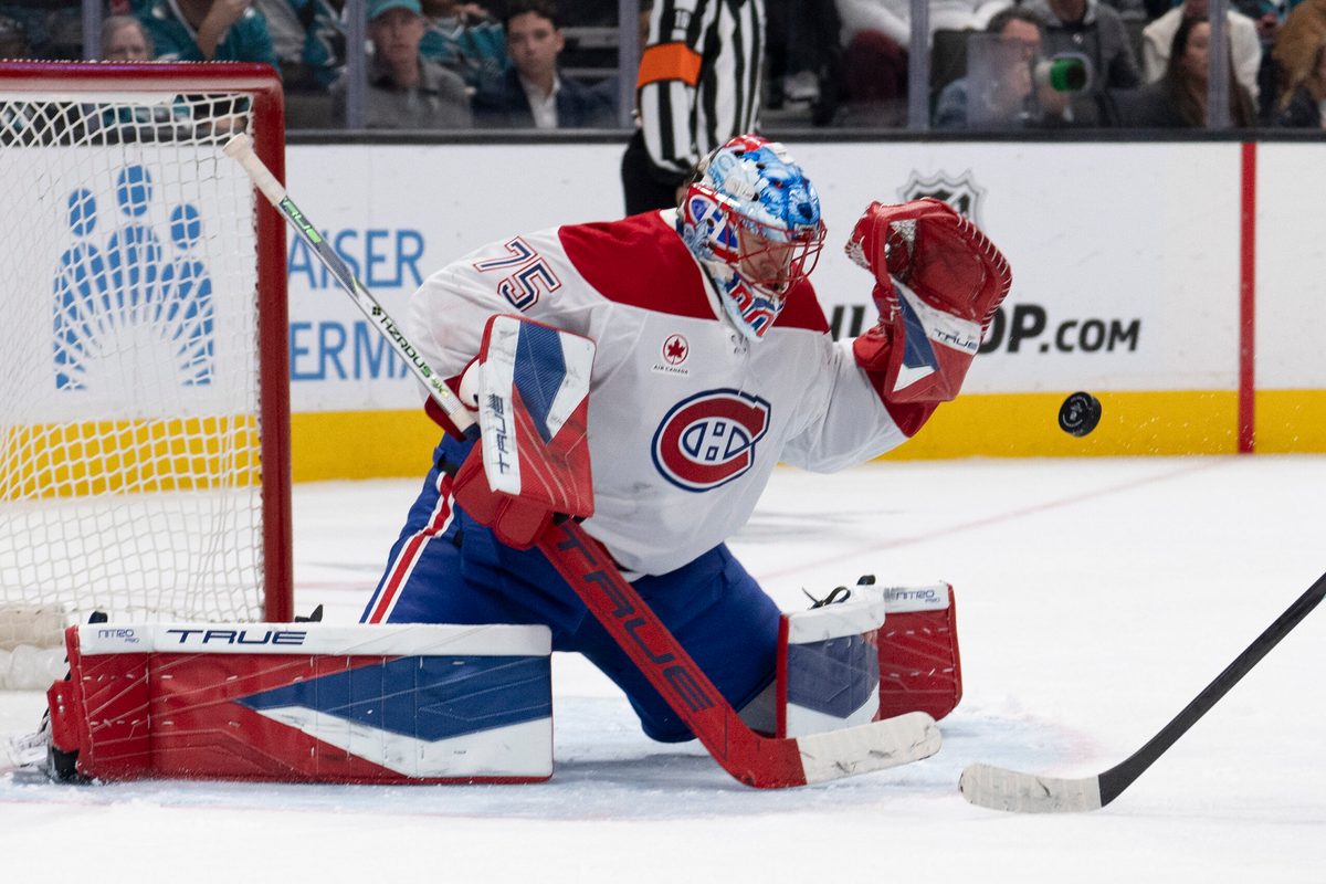 Mar 3, 2026; San Jose, California, USA; Montreal Canadiens goaltender Jakub Dobes (75) defends the goal during the second period against the San Jose Sharks at SAP Center at San Jose. Mandatory Credit: Stan Szeto-Imagn Images