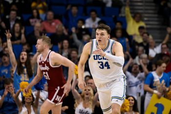 Mar 3, 2026; Los Angeles, California, USA; UCLA Bruins forward Tyler Bilodeau (34) points to teammates after hitting a 3-point jumpshot during the second half at Pauley Pavilion presented by Wescom Financial. Mandatory Credit: Robert Hanashiro-Imagn Images
