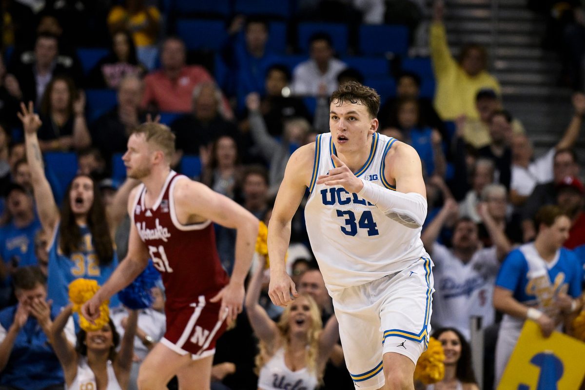 Mar 3, 2026; Los Angeles, California, USA; UCLA Bruins forward Tyler Bilodeau (34) points to teammates after hitting a 3-point jumpshot during the second half at Pauley Pavilion presented by Wescom Financial. Mandatory Credit: Robert Hanashiro-Imagn Images