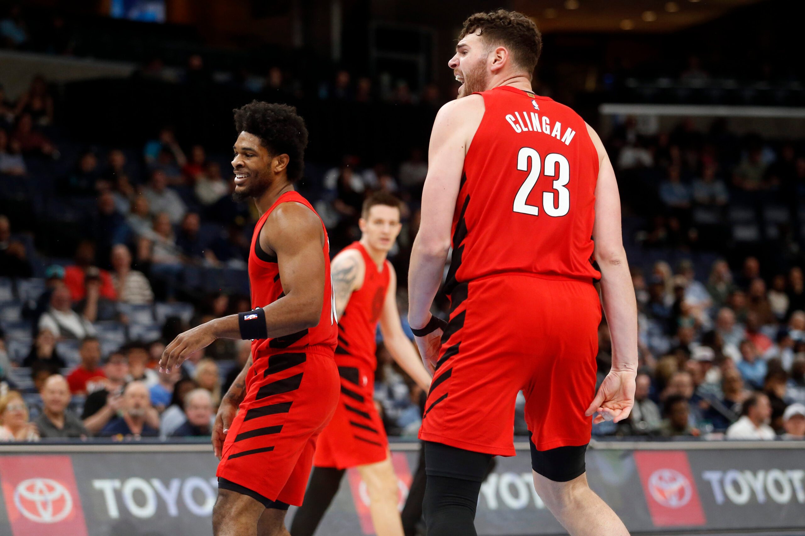 Mar 4, 2026; Memphis, Tennessee, USA; Portland Trail Blazers center Donovan Clingan (23) reacts during the second quarter against the Memphis Grizzlies at FedExForum. Mandatory Credit: Petre Thomas-Imagn Images