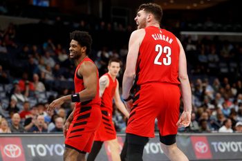 Mar 4, 2026; Memphis, Tennessee, USA; Portland Trail Blazers center Donovan Clingan (23) reacts during the second quarter against the Memphis Grizzlies at FedExForum. Mandatory Credit: Petre Thomas-Imagn Images
