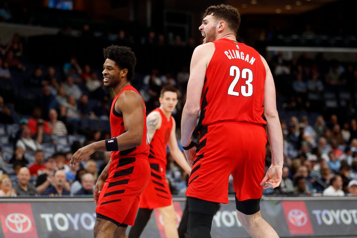 Mar 4, 2026; Memphis, Tennessee, USA; Portland Trail Blazers center Donovan Clingan (23) reacts during the second quarter against the Memphis Grizzlies at FedExForum. Mandatory Credit: Petre Thomas-Imagn Images