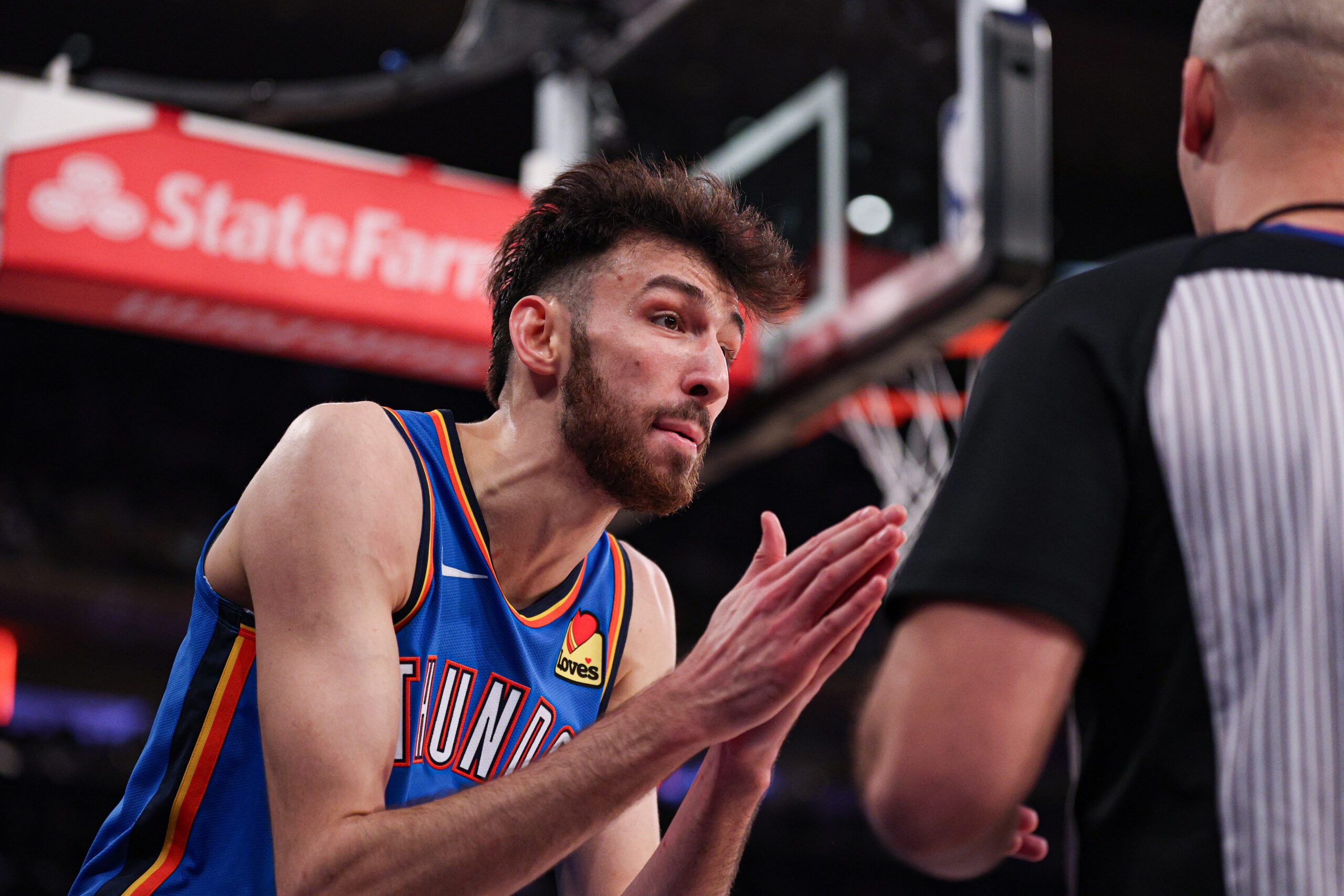 Mar 4, 2026; New York, New York, USA; Oklahoma City Thunder center Chet Holmgren (7) reacts after a call during the second half against the New York Knicks at Madison Square Garden. Mandatory Credit: Vincent Carchietta-Imagn Images