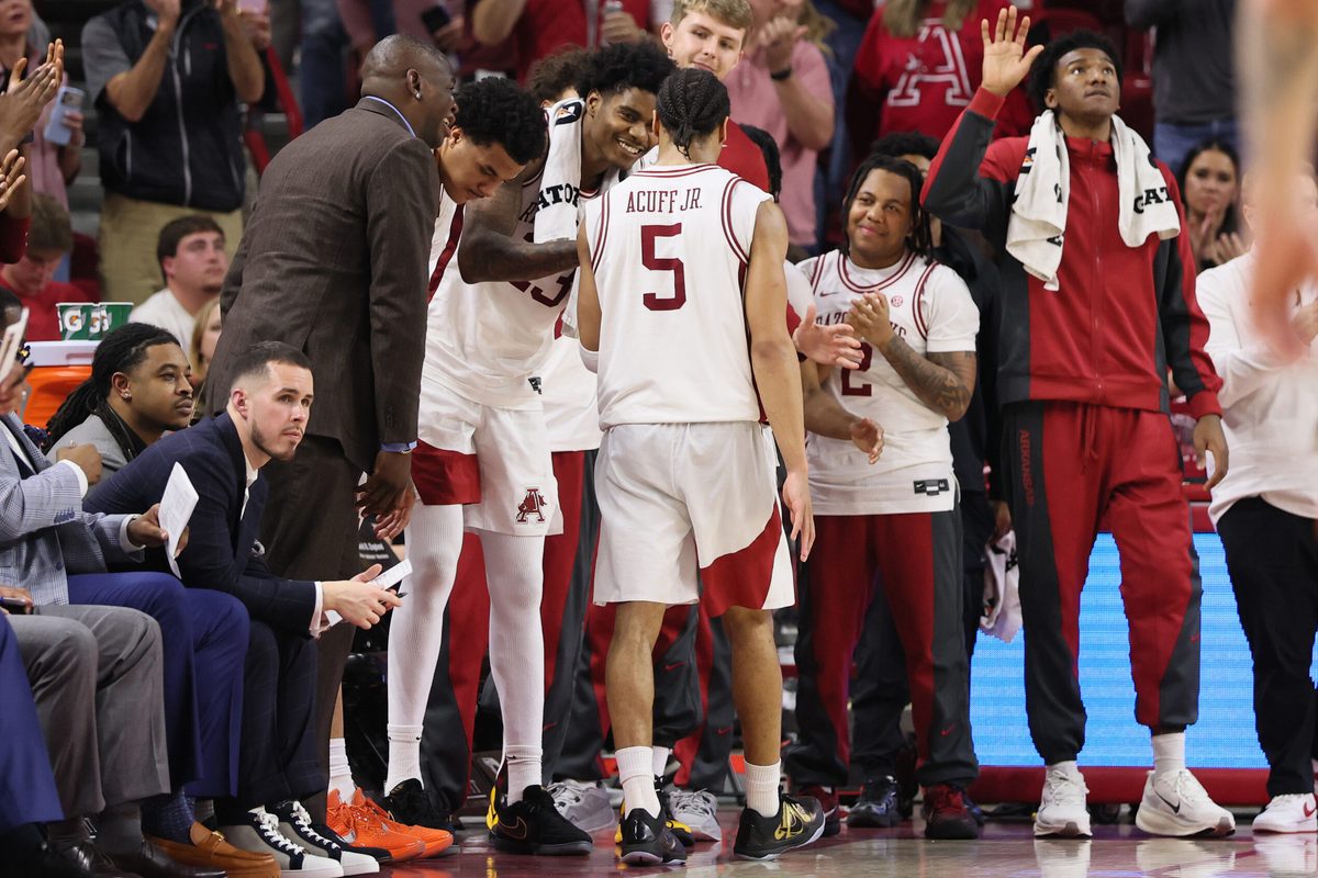 Mar 4, 2026; Fayetteville, Arkansas, USA; Arkansas Razorbacks guard Darius Acuff Jr (5) exits the game late in the second half against the Texas Longhorns at Bud Walton Arena. Arkansas won 105-85. Mandatory Credit: Nelson Chenault-Imagn Images