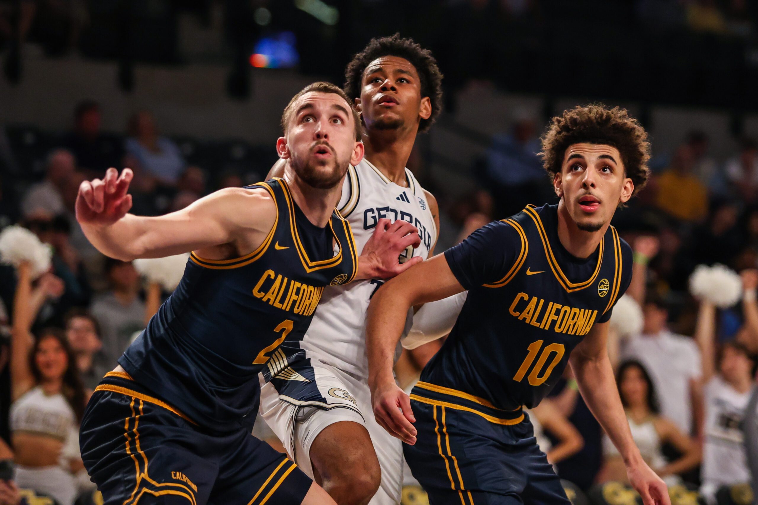 Mar 4, 2026; Atlanta, Georgia, USA; California Golden Bears forward John Camden (2) and guard Justin Pippen (10) look for the rebound against Georgia Tech Yellow Jackets guard Jaeden Mustaf (3) during the second half at McCamish Pavilion. Mandatory Credit: Jordan Godfree-Imagn Images