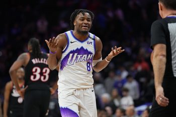 Mar 4, 2026; Philadelphia, Pennsylvania, USA; Utah Jazz guard Isaiah Collier (8) reacts against the Philadelphia 76ers in the fourth quarter at Xfinity Mobile Arena. Mandatory Credit: Kyle Ross-Imagn Images