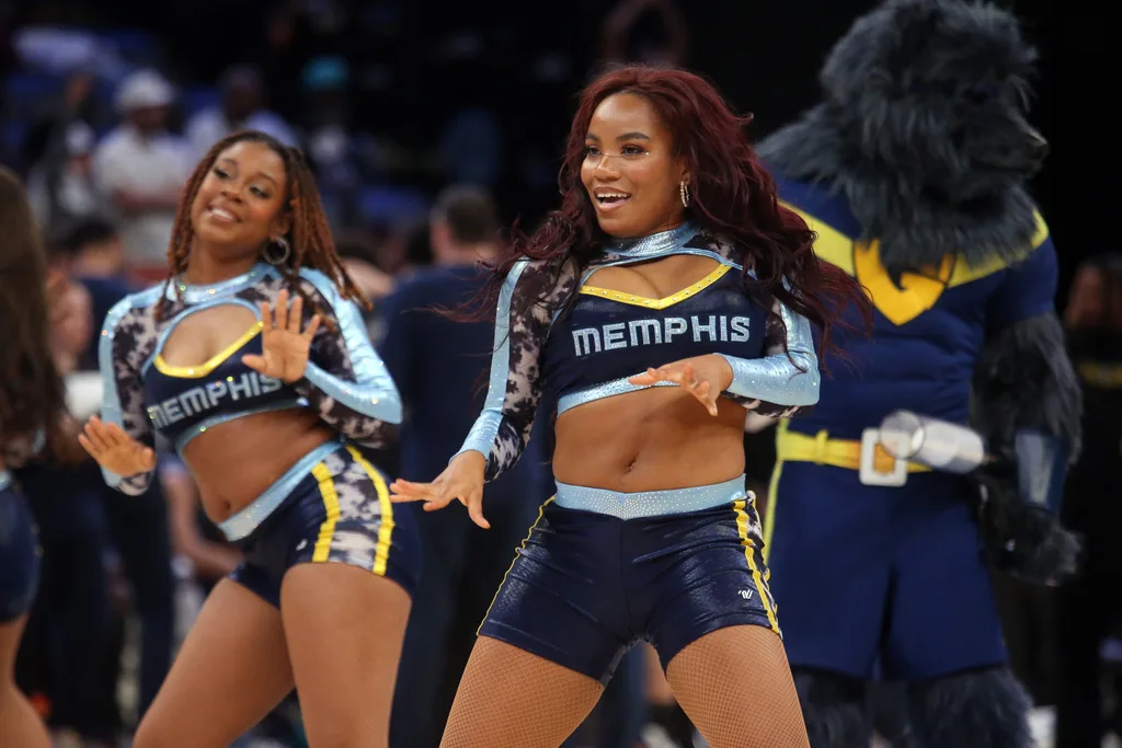 Mar 4, 2026; Memphis, Tennessee, USA; Grizz Girls dance during a timeout during the second half in the game between the Portland Trail Blazers and the Memphis Grizzlies at FedExForum. Mandatory Credit: Petre Thomas-Imagn Images