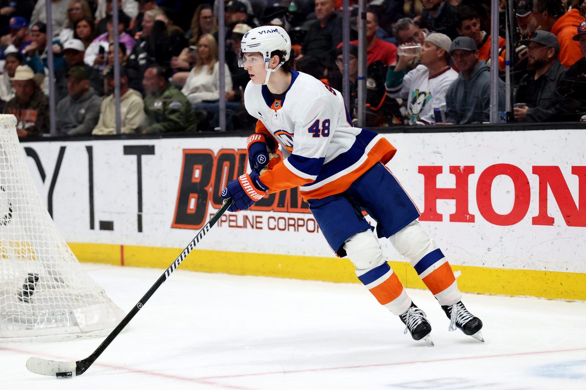 Mar 4, 2026; Anaheim, California, USA;  New York Islanders defenseman Matthew Schaefer (48) skates with the puck during the second period against the Anaheim Ducks at Honda Center. Mandatory Credit: Kiyoshi Mio-Imagn Images