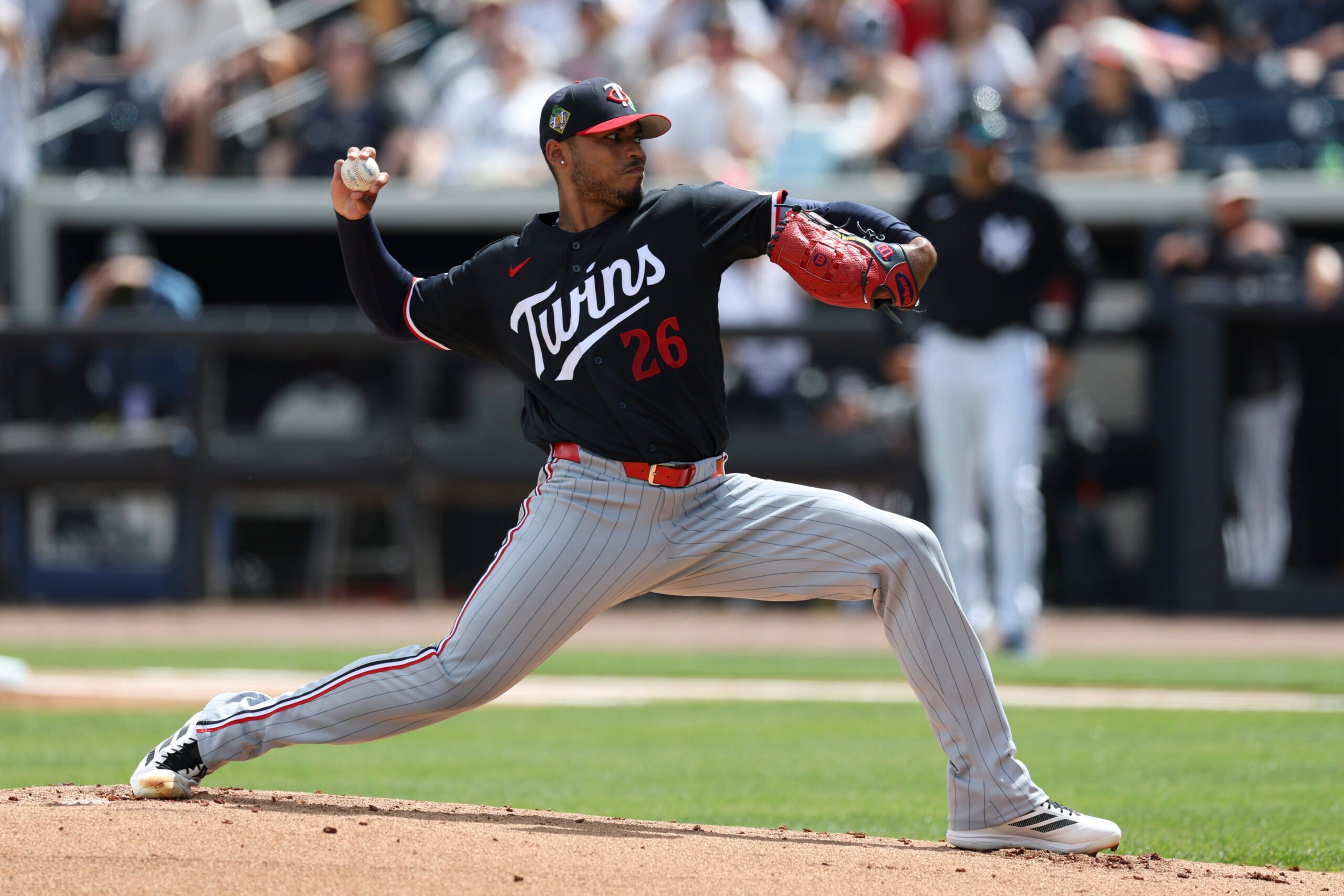 Mar 5, 2026; Tampa, Florida, USA; Minnesota Twins starting pitcher Taj Bradley (26) throws a pitch against the New York Yankees in the first inning  during spring training at George M. Steinbrenner Field. Mandatory Credit: Nathan Ray Seebeck-Imagn Images
