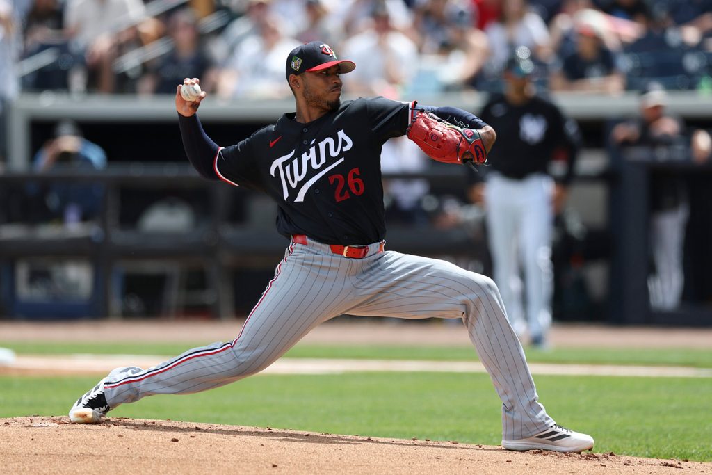 Mar 5, 2026; Tampa, Florida, USA; Minnesota Twins starting pitcher Taj Bradley (26) throws a pitch against the New York Yankees in the first inning during spring training at George M. Steinbrenner Field. Mandatory Credit: Nathan Ray Seebeck-Imagn Images