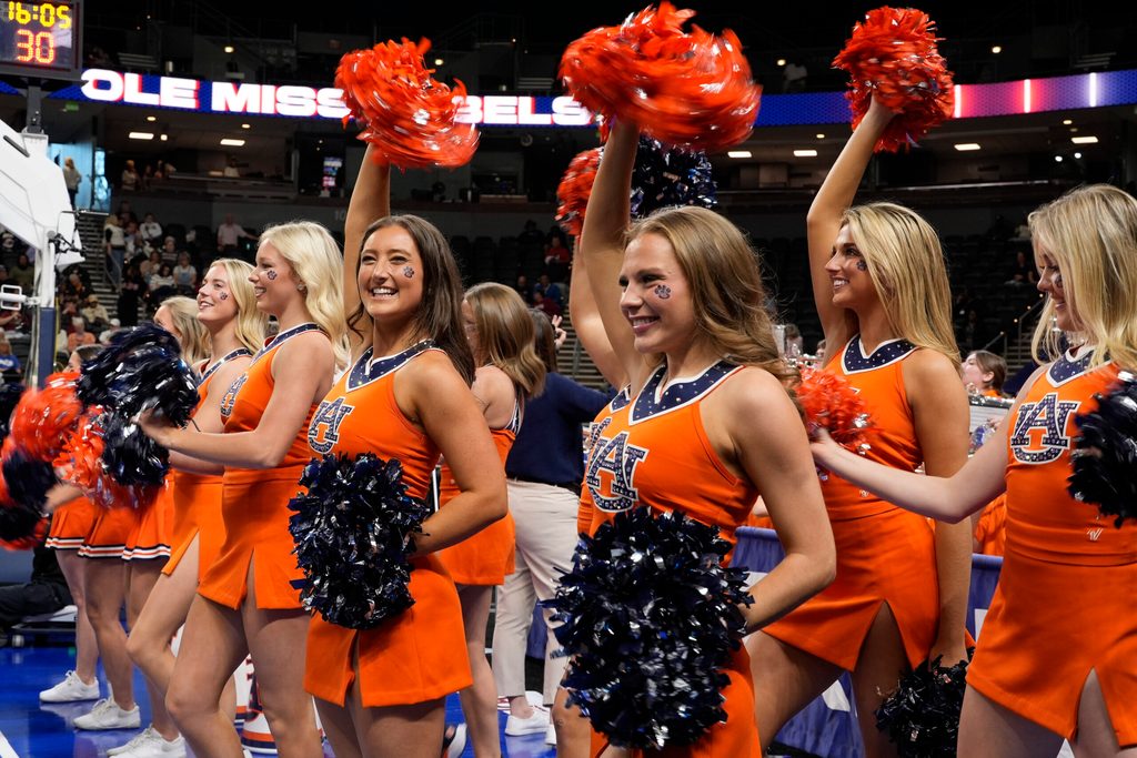 Mar 5, 2026; Greenville, SC, USA; Auburn Tigers cheerleaders during the first half against the Mississippi Rebels at Bon Secours Wellness Arena. Mandatory Credit: Jim Dedmon-Imagn Images