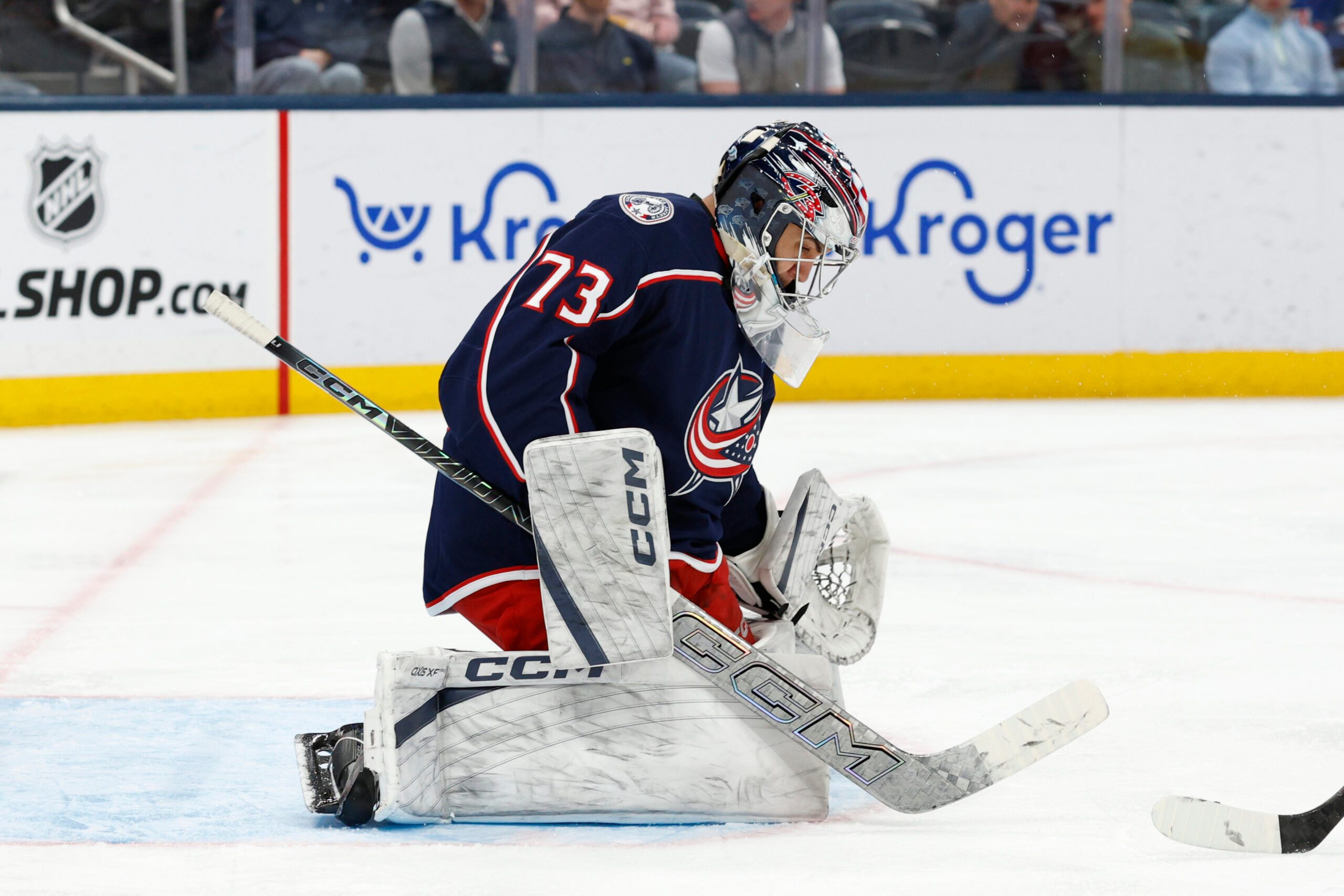 Mar 5, 2026; Columbus, Ohio, USA; Columbus Blue Jackets goalie Jet Greaves (73) makes a save against the Florida Panthers during the third period at Nationwide Arena. Mandatory Credit: Russell LaBounty-Imagn Images