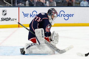 Mar 5, 2026; Columbus, Ohio, USA; Columbus Blue Jackets goalie Jet Greaves (73) makes a save against the Florida Panthers during the third period at Nationwide Arena. Mandatory Credit: Russell LaBounty-Imagn Images