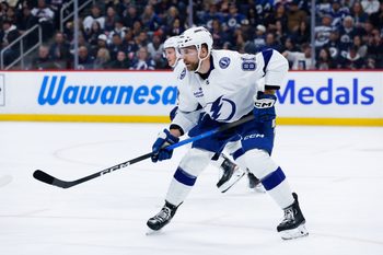 Mar 5, 2026; Winnipeg, Manitoba, CAN;  Tampa Bay Lightning defenseman Erik Cernak (81) awaits the face-off against the Winnipeg Jets during the second period at Canada Life Centre. Mandatory Credit: Terrence Lee-Imagn Images