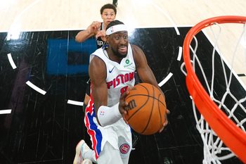 Mar 5, 2026; San Antonio, Texas, USA; Detroit Pistons guard Caris Levert (8) drives to the basket during the second half against the San Antonio Spurs at Frost Bank Center. Mandatory Credit: Scott Wachter-Imagn Images