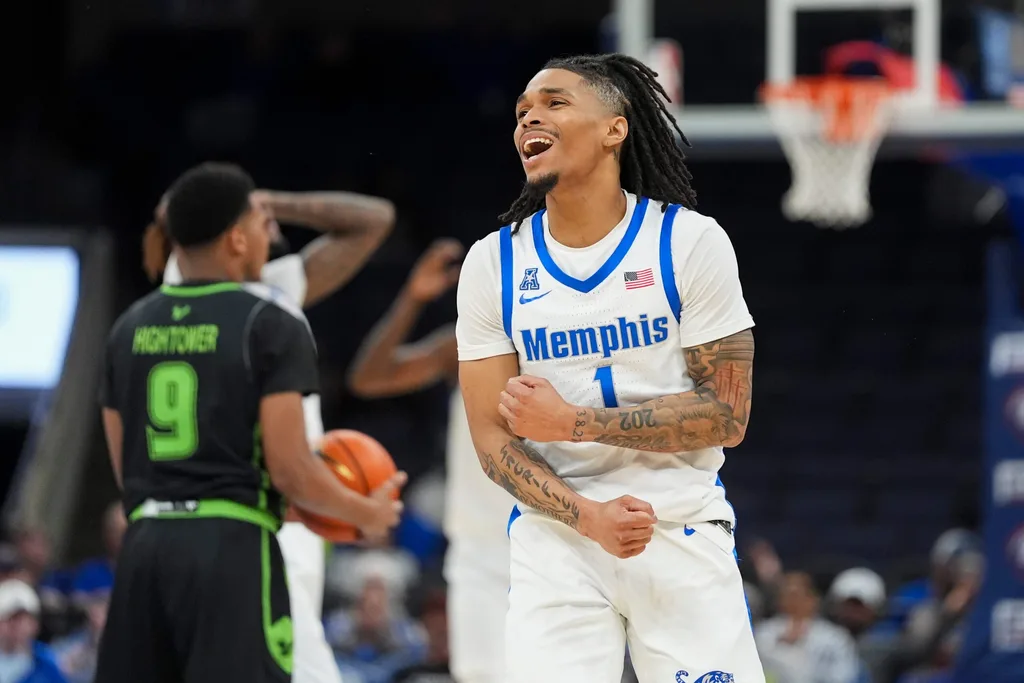 Memphis' Dug McDaniel (1) reacts after a foul was called on Memphis during the game between Memphis and the University of South Florida at FedExForum in Memphis, Tenn., on March 5, 2026.