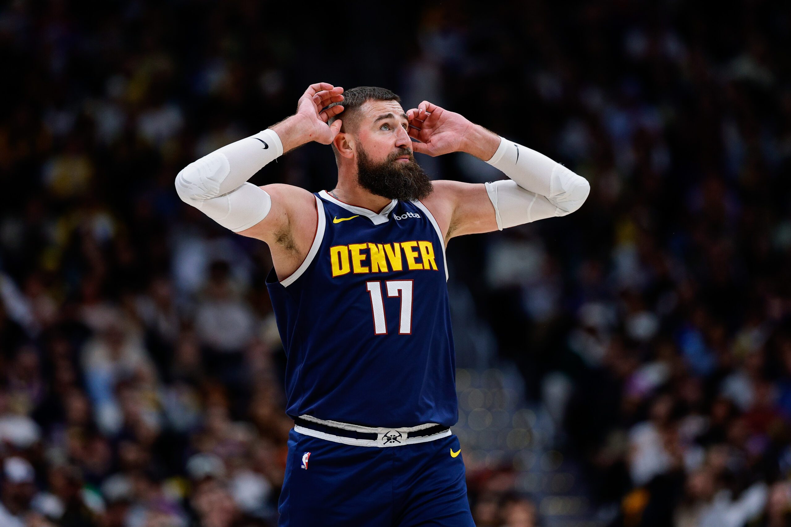 Mar 5, 2026; Denver, Colorado, USA; Denver Nuggets center Jonas Valanciunas (17) reacts in the fourth quarter against the Los Angeles Lakers at Ball Arena. Mandatory Credit: Isaiah J. Downing-Imagn Images