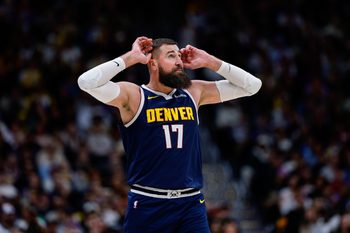 Mar 5, 2026; Denver, Colorado, USA; Denver Nuggets center Jonas Valanciunas (17) reacts in the fourth quarter against the Los Angeles Lakers at Ball Arena. Mandatory Credit: Isaiah J. Downing-Imagn Images