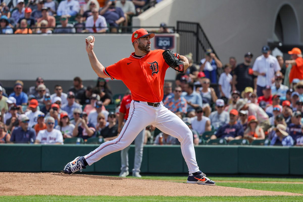 Mar 6, 2026; Lakeland, Florida, USA; Detroit Tigers pitcher Justin Verlander (35) throws during the first inning against the Boston Red Sox at Publix Field at Joker Marchant Stadium. Mandatory Credit: Mike Watters-Imagn Images