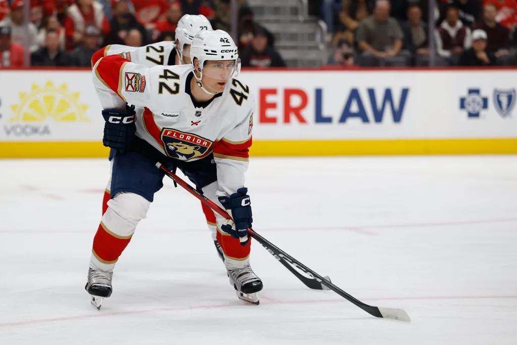 Mar 6, 2026; Detroit, Michigan, USA; Florida Panthers defenseman Gustav Forsling (42) gets set during a face-off in the second period against the Detroit Red Wings at Little Caesars Arena. Mandatory Credit: Rick Osentoski-Imagn Images