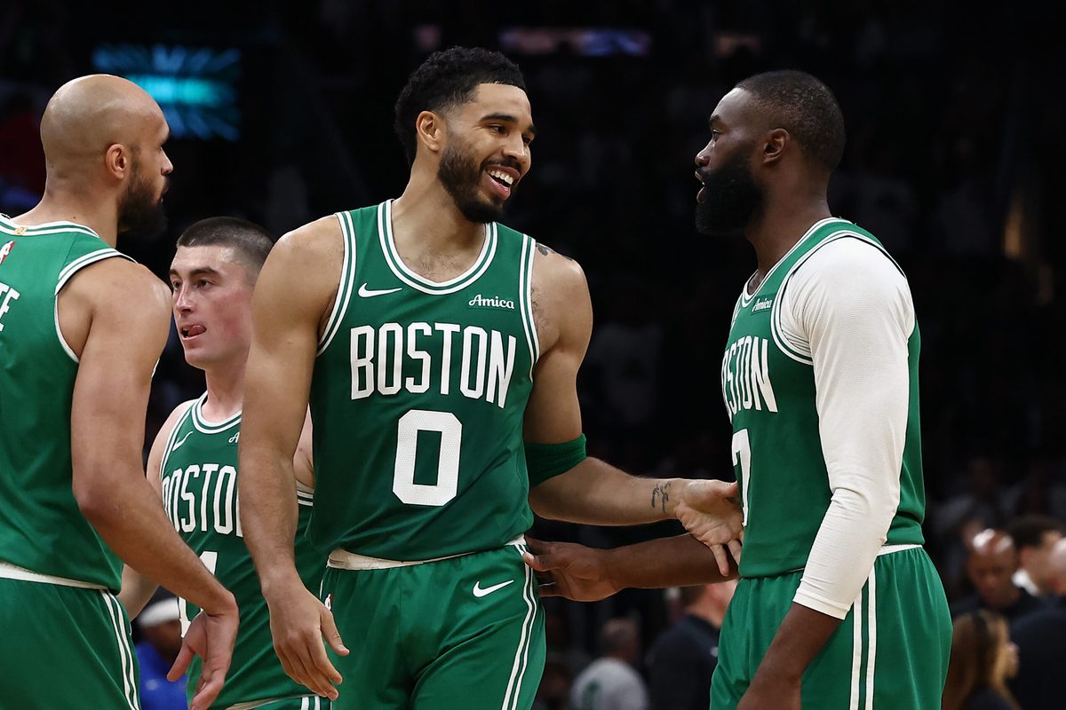 Mar 6, 2026; Boston, Massachusetts, USA; Boston Celtics forward Jayson Tatum (0) has a laugh with guard Jaylen Brown (7) during the second half against the Dallas Mavericks at TD Garden. Mandatory Credit: Winslow Townson-Imagn Images