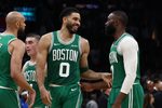 Mar 6, 2026; Boston, Massachusetts, USA; Boston Celtics forward Jayson Tatum (0) has a laugh with guard Jaylen Brown (7) during the second half against the Dallas Mavericks at TD Garden. Mandatory Credit: Winslow Townson-Imagn Images
