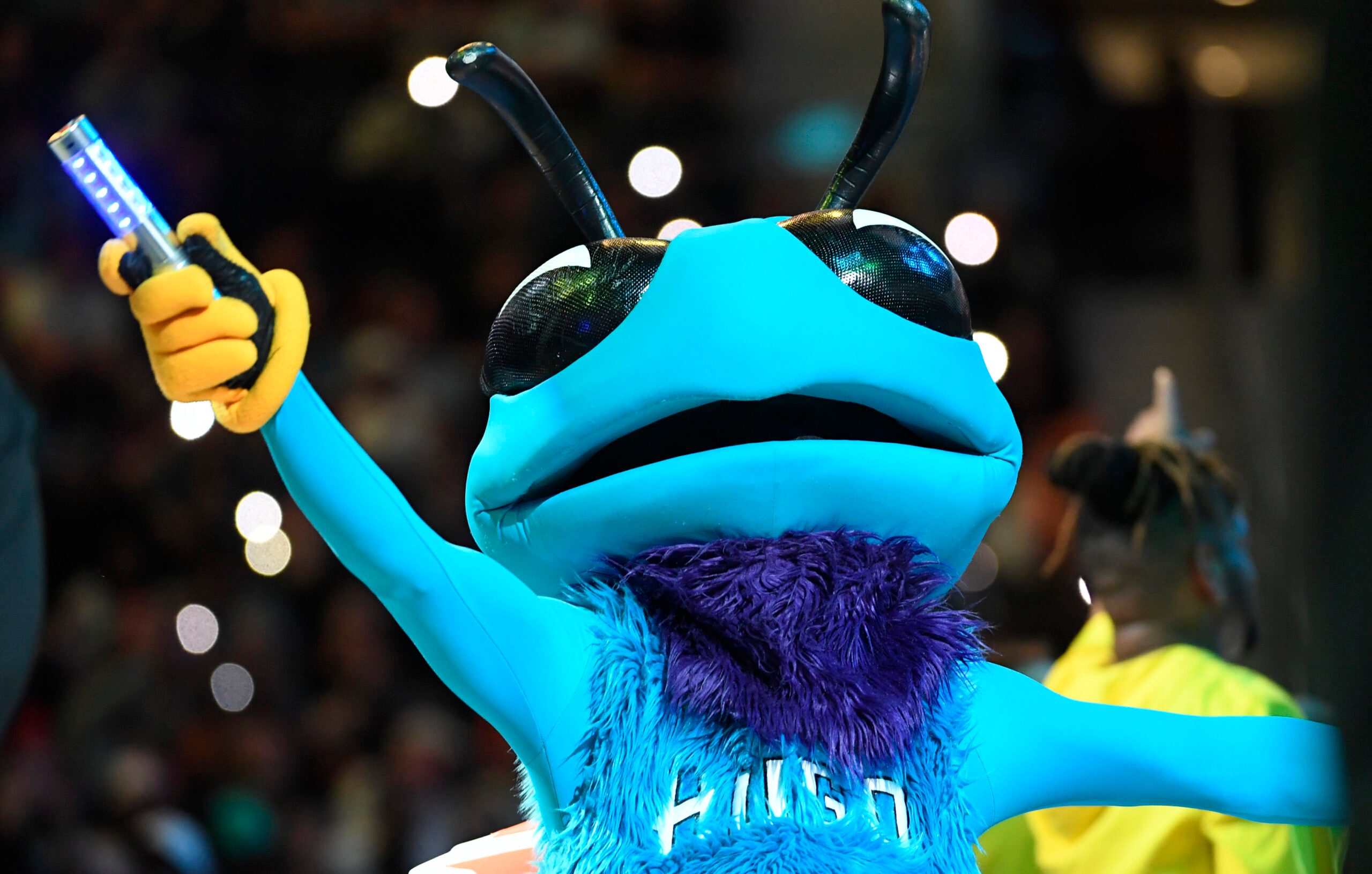 Mar 6, 2026; Charlotte, North Carolina, USA;  Charlotte Hornets mascot HUGO performs during the second half against the Miami Heat at the Spectrum Center. Mandatory Credit: Sam Sharpe-Imagn Images