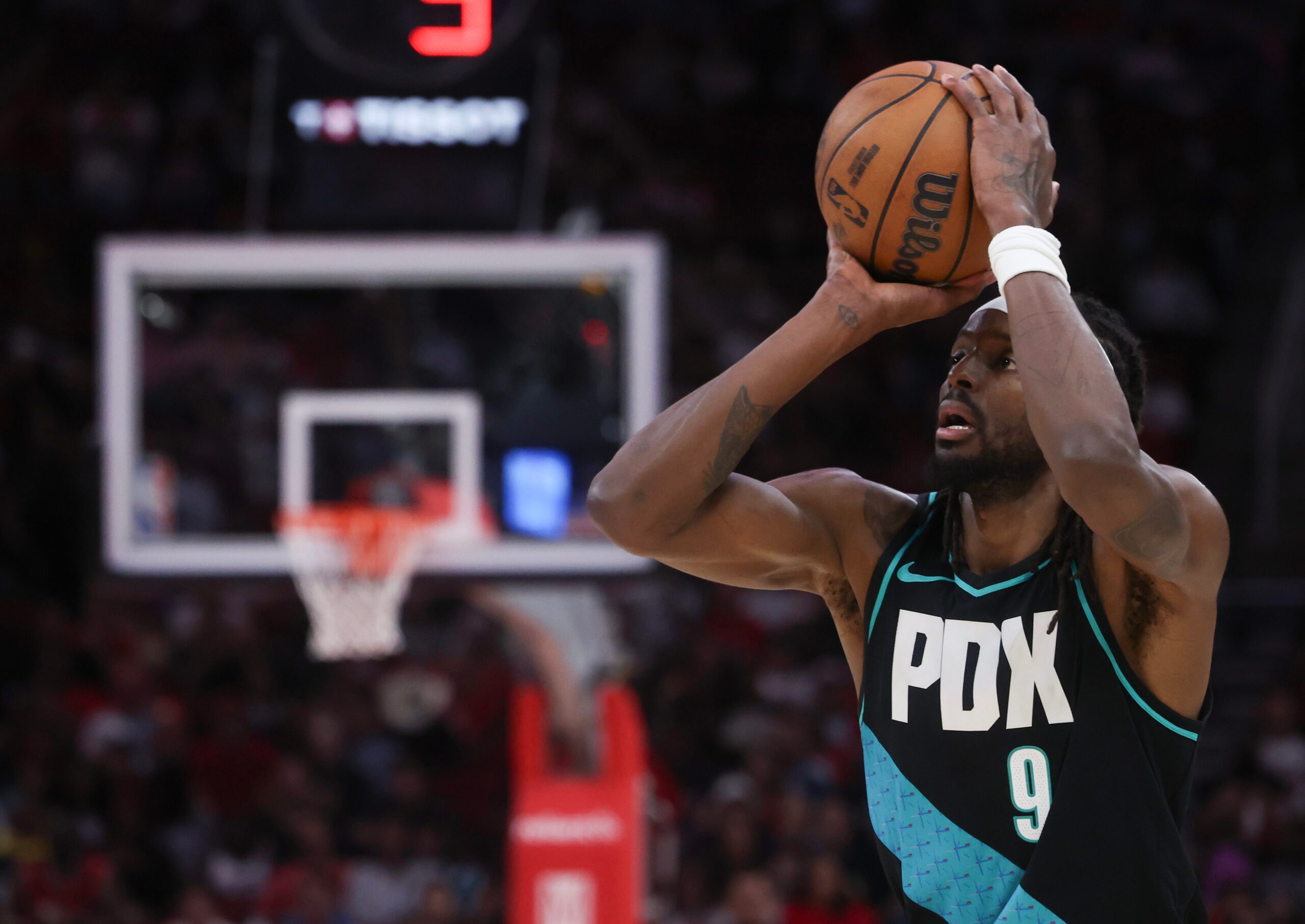 Mar 6, 2026; Houston, Texas, USA;  IPortland Trail Blazers forward Jerami Grant (9) shoots against the Houston Rockets in the second half at Toyota Center. Mandatory Credit: Thomas Shea-Imagn Images