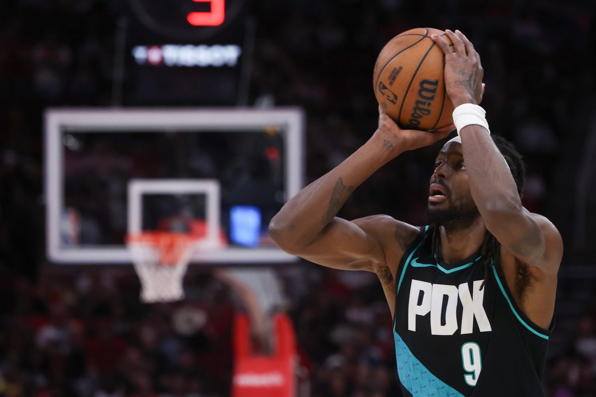 Mar 6, 2026; Houston, Texas, USA;  IPortland Trail Blazers forward Jerami Grant (9) shoots against the Houston Rockets in the second half at Toyota Center. Mandatory Credit: Thomas Shea-Imagn Images