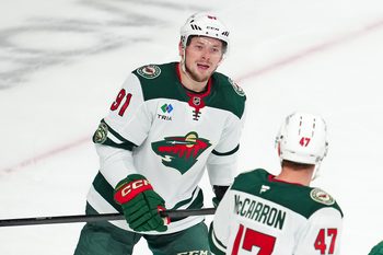 Mar 6, 2026; Las Vegas, Nevada, USA; Minnesota Wild right wing Vladimir Tarasenko (91) celebrates after scoring a goal against the Vegas Golden Knights during the third period at T-Mobile Arena. Mandatory Credit: Stephen R. Sylvanie-Imagn Images