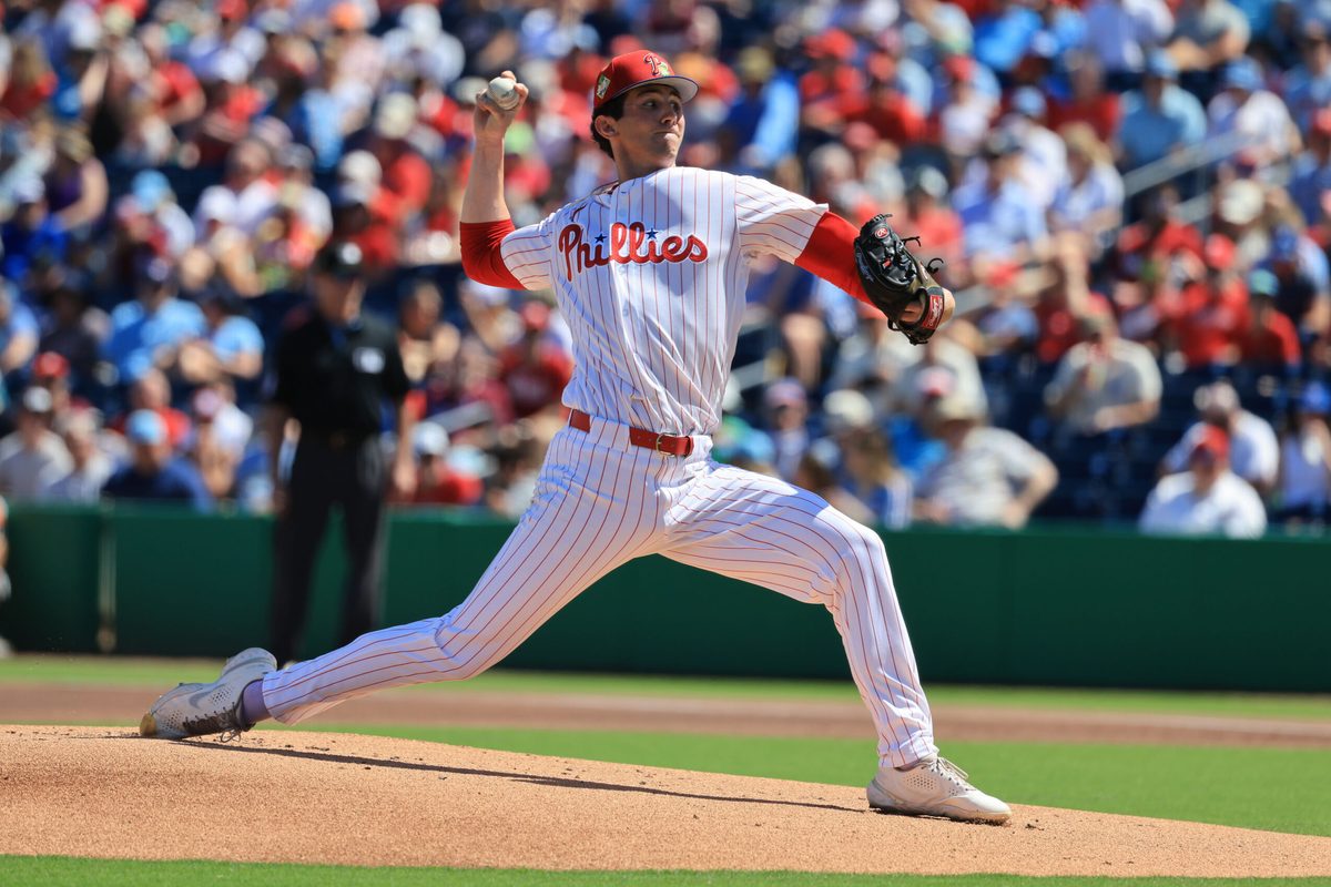 Mar 7, 2026; Clearwater, Florida, USA;  Philadelphia Phillies pitcher Andrew Painter (76) throws a pitch during the first inning against the Toronto Blue Jays at BayCare Ballpark. Mandatory Credit: Kim Klement Neitzel-Imagn Images