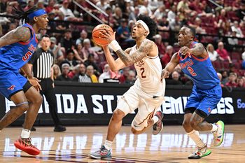 Mar 7, 2026; Tallahassee, Florida, USA; Florida State Seminoles  guard Cam Miles (2) goes up for a shot during the first half against the Southern Methodist Mustangs at Donald L. Tucker Center. Mandatory Credit: Melina Myers-Imagn Images