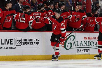 Mar 7, 2026; Newark, New Jersey, USA; New Jersey Devils left wing Jesper Bratt (63) celebrates his goal against the New York Rangers during the first period at Prudential Center. Mandatory Credit: Thomas Salus-Imagn Images