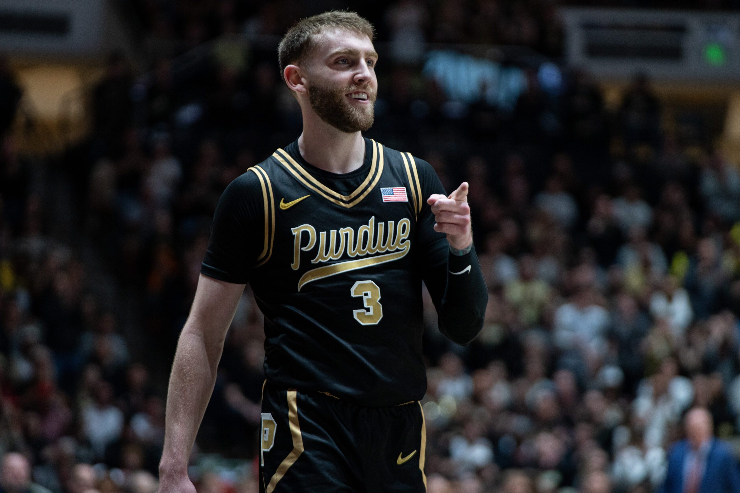 Mar 7, 2026; West Lafayette, Indiana, USA; Purdue Boilermakers guard Braden Smith (3) celebrates a referee call during the first half against the Wisconsin Badgers at Mackey Arena. Mandatory Credit: Jacob Musselman-Imagn Images