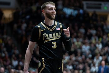 Mar 7, 2026; West Lafayette, Indiana, USA; Purdue Boilermakers guard Braden Smith (3) celebrates a referee call during the first half against the Wisconsin Badgers at Mackey Arena. Mandatory Credit: Jacob Musselman-Imagn Images