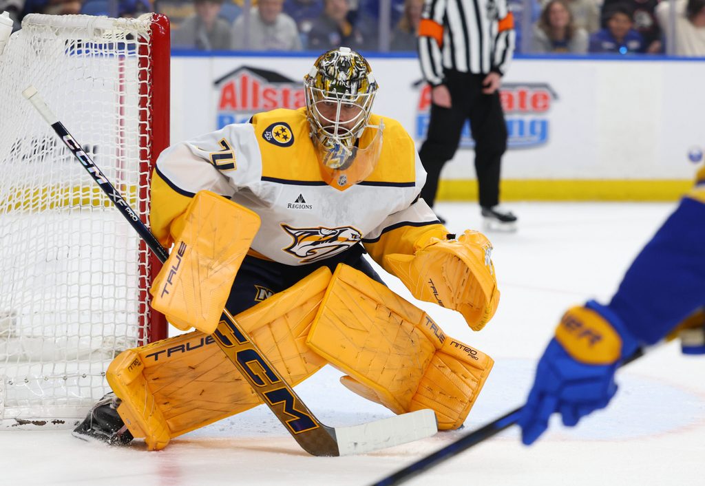 Mar 7, 2026; Buffalo, New York, USA; Nashville Predators goaltender Juuse Saros (74) looks for the puck during the second period against the Buffalo Sabres at KeyBank Center. Mandatory Credit: Timothy T. Ludwig-Imagn Images