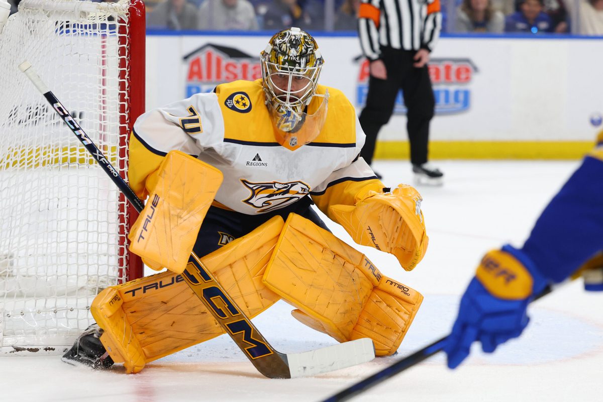 Mar 7, 2026; Buffalo, New York, USA; Nashville Predators goaltender Juuse Saros (74) looks for the puck during the second period against the Buffalo Sabres at KeyBank Center. Mandatory Credit: Timothy T. Ludwig-Imagn Images