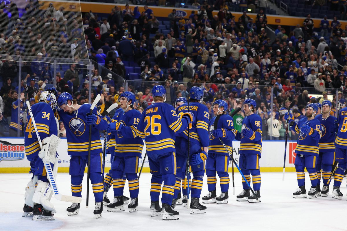 Mar 7, 2026; Buffalo, New York, USA;  The Buffalo Sabres celebrate a win over the Nashville Predators at KeyBank Center. Mandatory Credit: Timothy T. Ludwig-Imagn Images