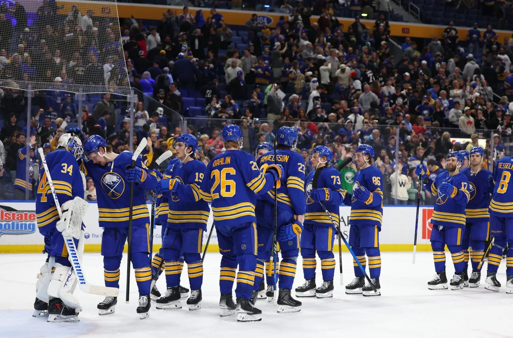 Mar 7, 2026; Buffalo, New York, USA; The Buffalo Sabres celebrate a win over the Nashville Predators at KeyBank Center. Mandatory Credit: Timothy T. Ludwig-Imagn Images