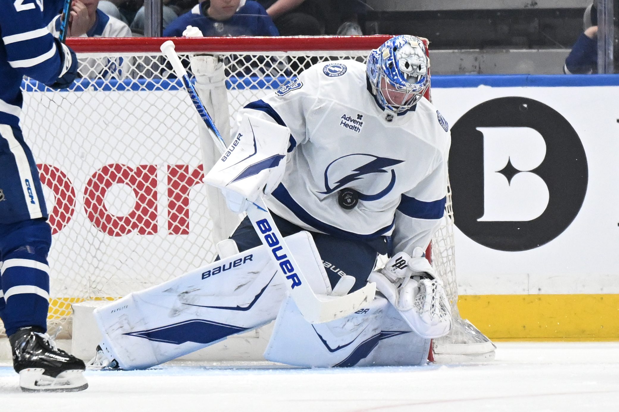 Mar 7, 2026; Toronto, Ontario, CAN;  Tampa Bay Lightning goalie Andrei Vasilevskiy (88) blocks a shot against the Toronto Maple Leafs in the second period at Scotiabank Arena. Mandatory Credit: Dan Hamilton-Imagn Images